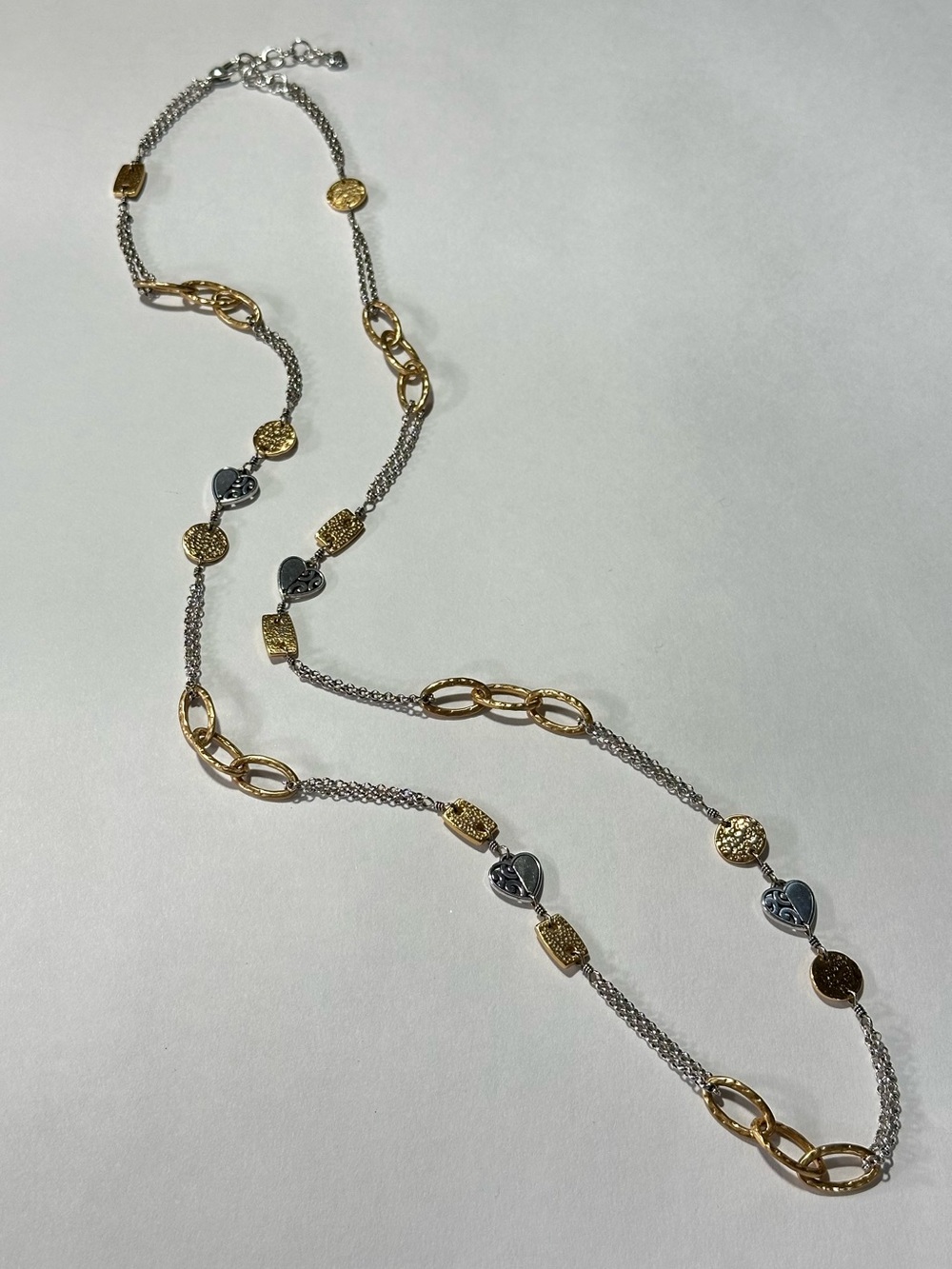 Brighton Two-Tone Gold & Silver Long Link Heart Charm Necklace Metallic Bling